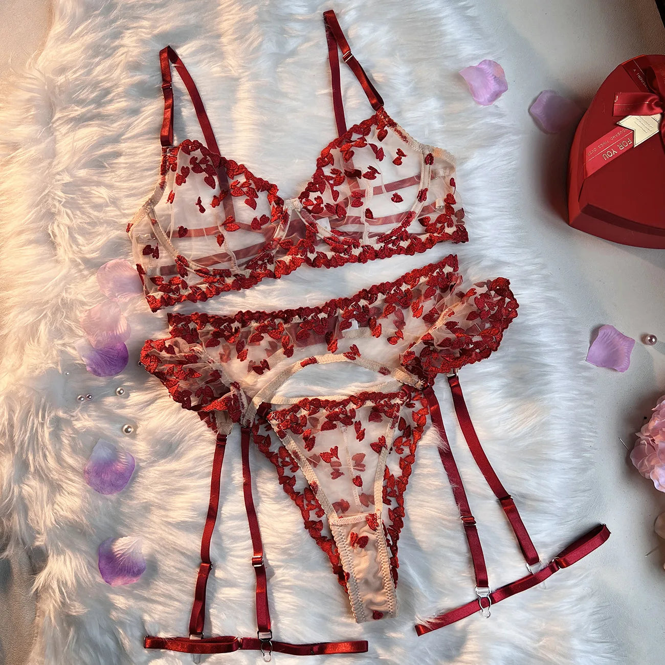 Heart Lingerie Sheer Lace Embroidery Sensual Bra + Panty Underwear Set