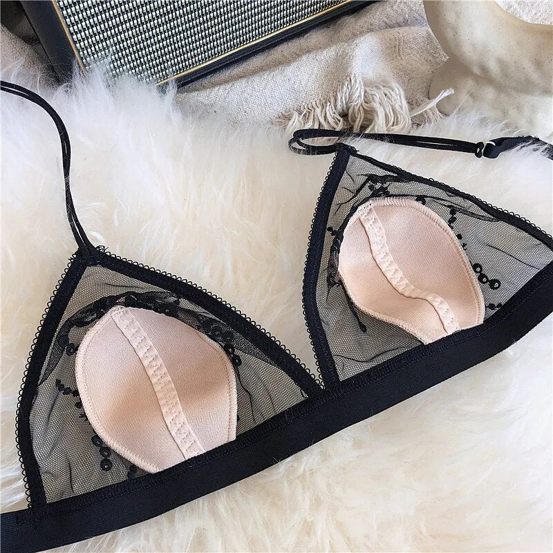 Perspective mesh sexy lace lingerie sets triangle cup no bumps wire free underwear set women bra caps nightwear - Sellinashop