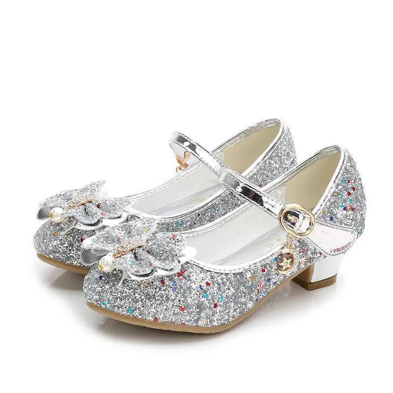 Princess Butterfly Leather Shoes Kids Diamond Bowknot High Heel Children Girl Dance Glitter Shoes Fashion Girls Party Dance Shoe - Sellinashop