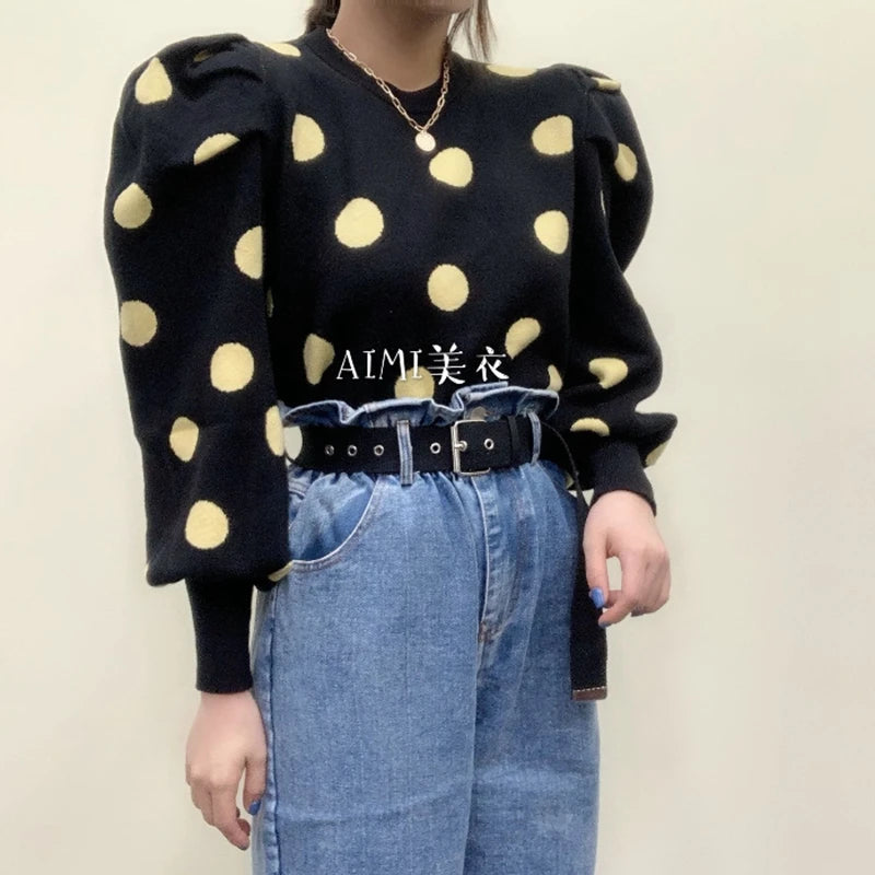 High Quality Runway Fall Fashion Women Hit Color Polka Dot Pullovers  Puff Sleeve Casual O Neck Short Sweaters