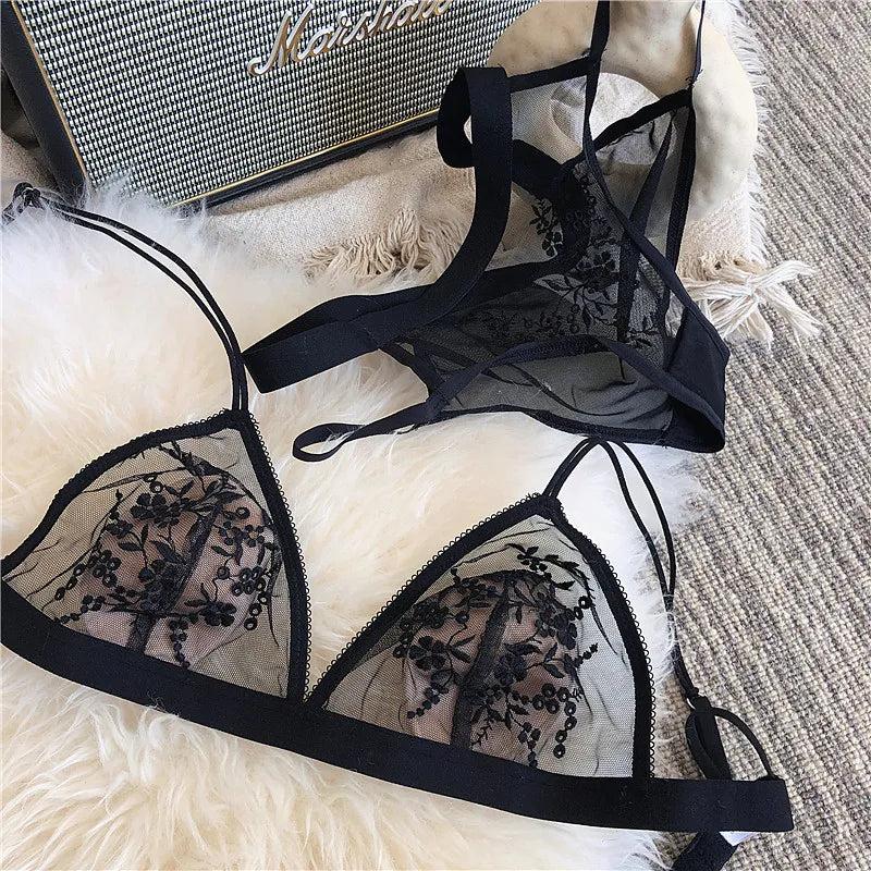 Perspective mesh sexy lace lingerie sets triangle cup no bumps wire free underwear set women bra caps nightwear - Sellinashop