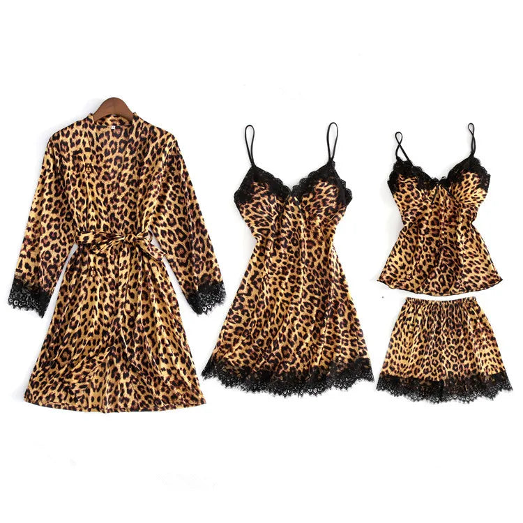 Sleep dress Sexy Lace Lingerie Silk Leopard 4Pcs Pijamas Sets Summer Ladies' Pyjama Sleepwear Nightwear Chest Pads - Sellinashop