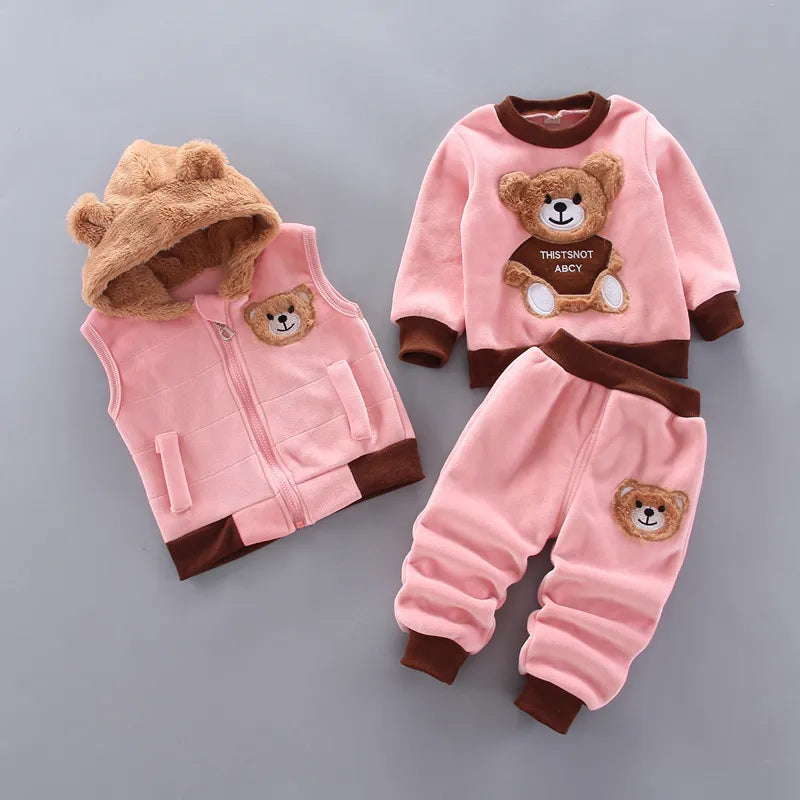 Baby Boys And Girls Clothing Set Tricken Fleece Children Hooded Outerwear Tops Pants 3PCS Outfits Kids Toddler Warm Costume Suit - Sellinashop