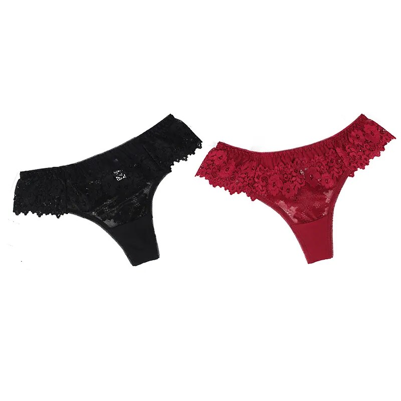 2Pcs/lot Women Sexy Lace Lingerie Temptation Low-waist Panties Embroidery Thong Transparent Hollow out Underwear - Sellinashop