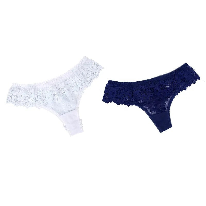 2Pcs/lot Women Sexy Lace Lingerie Temptation Low-waist Panties Embroidery Thong Transparent Hollow out Underwear - Sellinashop
