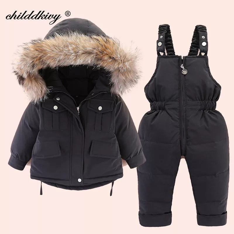 2pcs Set Children Winter Down Jacket and Jumpsuit for Baby Thicken Jacket for Girls Coat Warm Real Fur Collar Boys Snowsuit 0-4Y - Sellinashop