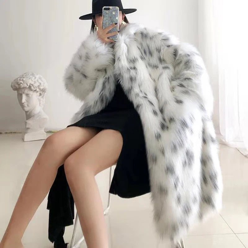 Faux Fox Fur Plus Size Coat for Women. White Fur with Long Sleeve Jacket