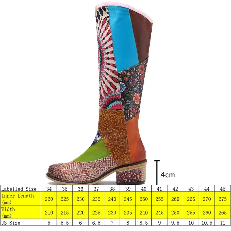 4cm Mixed Color Heels ZIP Autumn Spring Contoured Ethnic Knee High Boots Woman Plus Size Print PU Genuine Leather Shoes - Sellinashop
