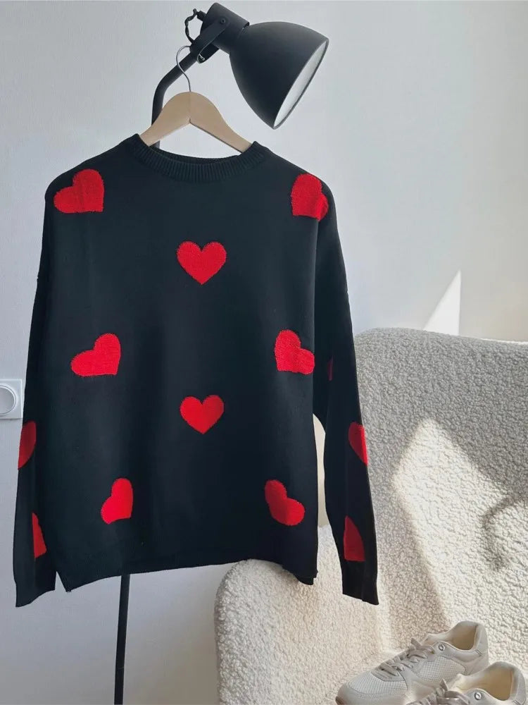 Love Heart O Neck Knit Sweater For Women Embroidery Fashion Long Sleeve Pullover Sweaters Female - Sellinashop
