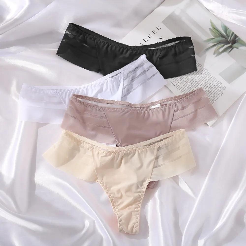 Women G-string Ice silk Seamless Underwear Sexy Stripe Breathable Briefs Female Underpants Thong Solid Lingerie Low Rise Panties - Sellinashop