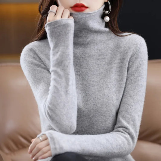 Wool Cashmere Sweater Women's High Stacked Collar Pullover Long Sleeve