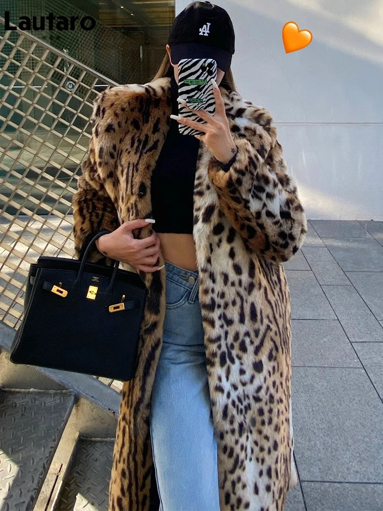 Long Warm Thick Leopard Faux Fur Jacket  for Women
