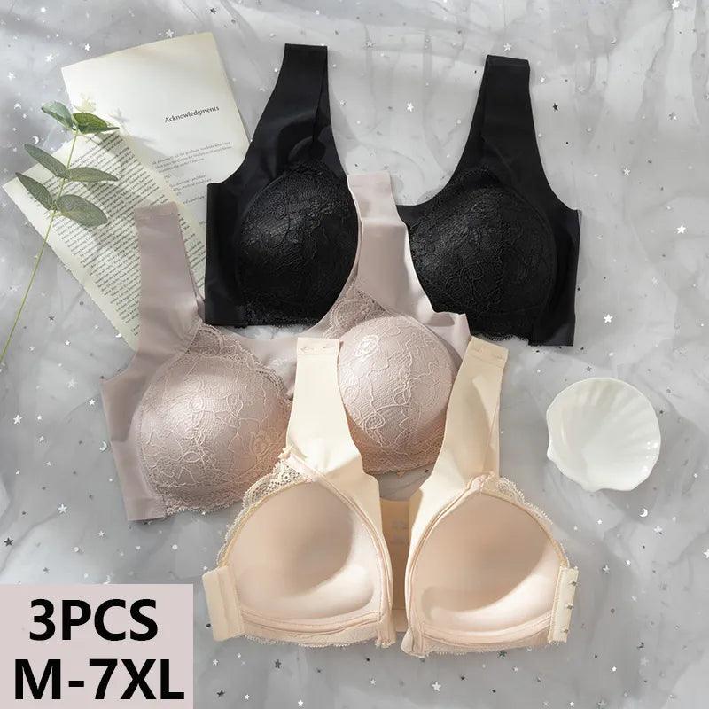 3PCS Sexy Front Closure Bralette Lace Plus Size Bra Female Lingerie M-5XL Push Up Underwear Crop Top Intimate Seamless Brassiere - Sellinashop