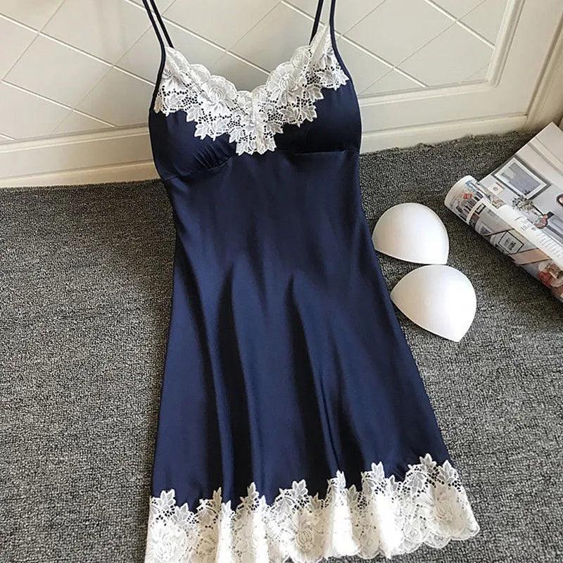Women's Sexy Lingerie Summer Silk Night Gown Lace Patchwork Mini Night Dress Spaghetti Strap Sleepwear Ladies With Chest Pad - Sellinashop