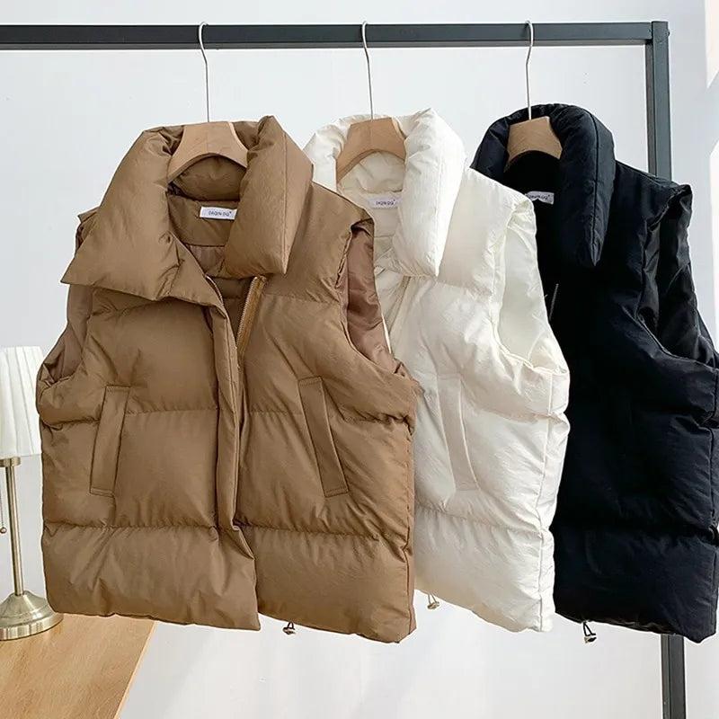 Autumn Winter Women Thick Warm Down Vest Harajuku Loose Jacket Casual Outerwear Short Waistcoat Windproof Vest Coats - Sellinashop