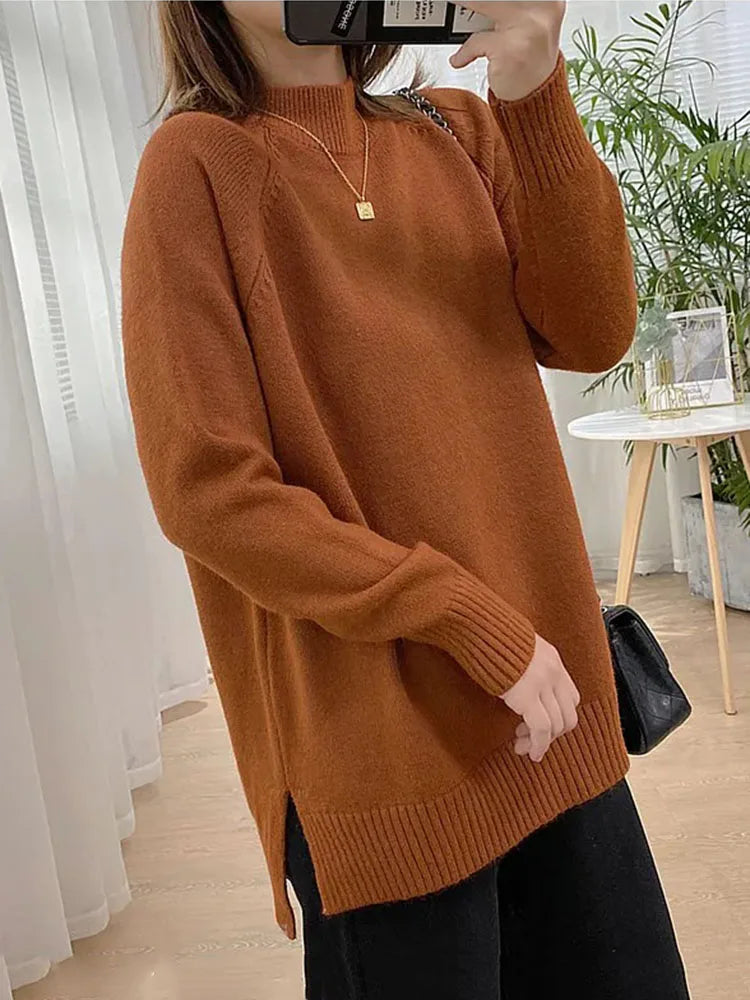 Women Mock Neck Pullovers Sweater High Quality Oversized Jumper Split Fall Winter Clothes