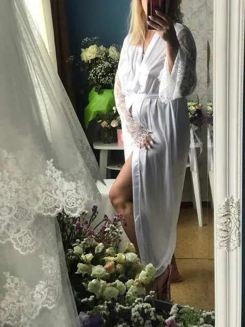 Womens Nightdress Sexy Long LaceLingerie Bath Robe Gown Imitation Ice Silk Nightdress Solid Colour Nightgown Nightwear - Sellinashop