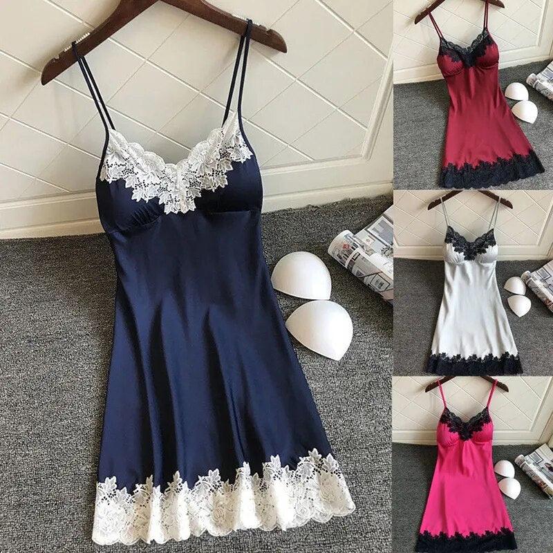 Women's Sexy Lingerie Summer Silk Night Gown Lace Patchwork Mini Night Dress Spaghetti Strap Sleepwear Ladies With Chest Pad - Sellinashop