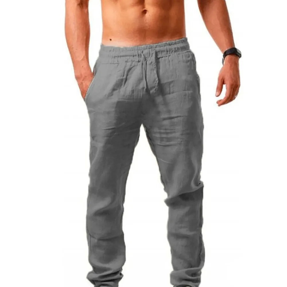 Men's Cotton Linen Long Pants Summer Solid Color Breathable Linen Trousers Male Casual Elastic Waist Casual Pants - Sellinashop