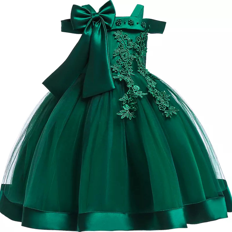 3-10 Years Kids Christmas Party Dresses For Girls Appliques Flower Elegant Wedding Dress With Bow Children Birthday Prom Gown - Sellinashop