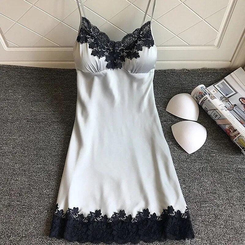 Women's Sexy Lingerie Summer Silk Night Gown Lace Patchwork Mini Night Dress Spaghetti Strap Sleepwear Ladies With Chest Pad - Sellinashop