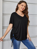Plus Size Lace Up Elastic Waist Black Pleated Women Short Sleevess Tops V Neck Plug Size 4XL Casual Loose Blouse Oversized Shirt - Sellinashop