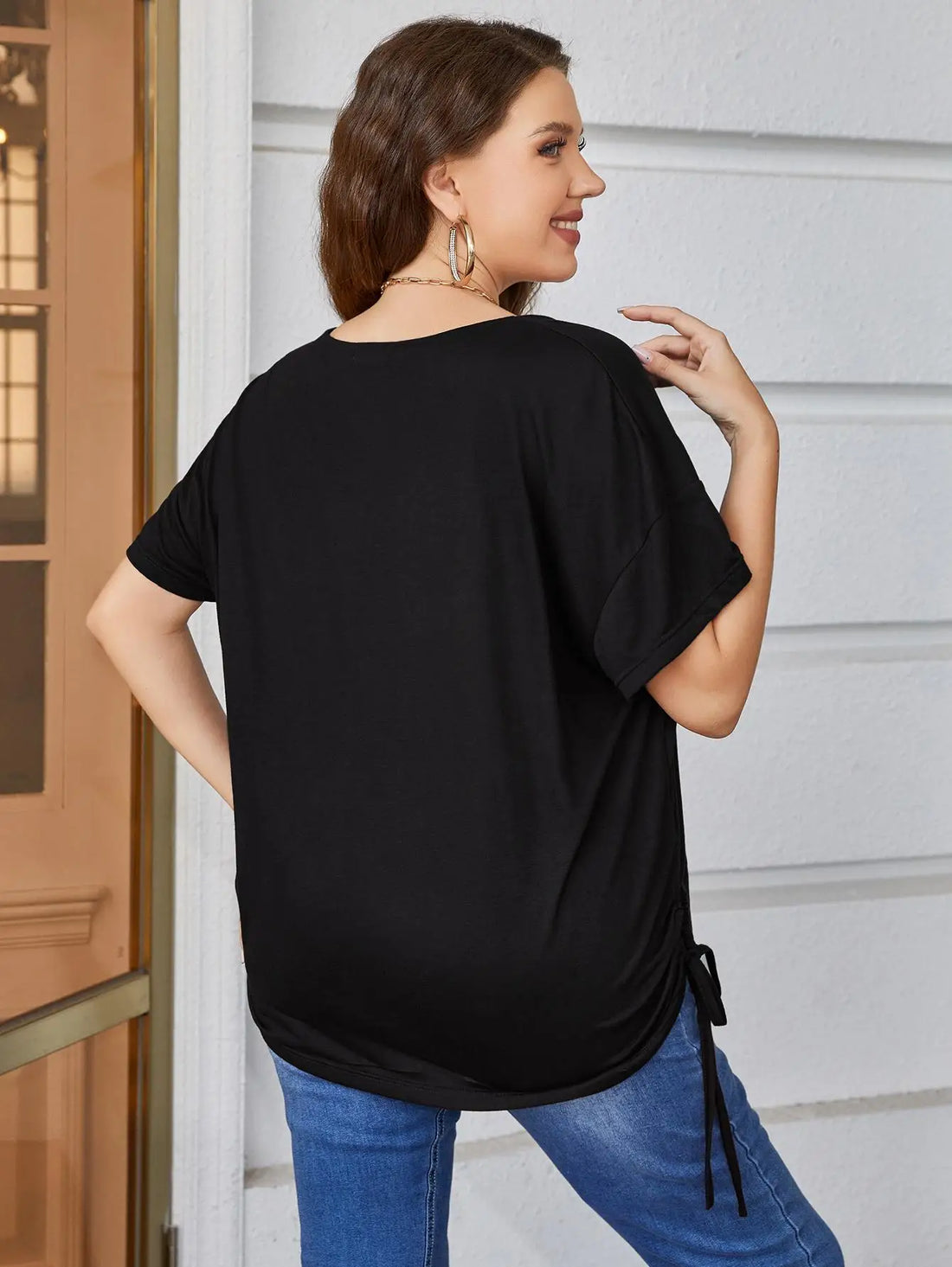 Plus Size Lace Up Elastic Waist Black Pleated Women Short Sleevess Tops V Neck Plug Size 4XL Casual Loose Blouse Oversized Shirt - Sellinashop