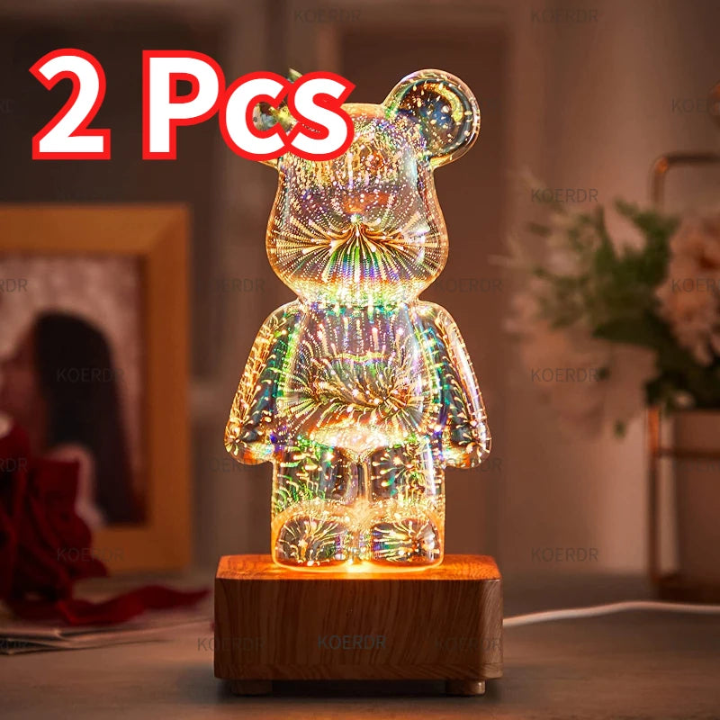 3D Fireworks Bear Night Light Projection Colorful USB Atmosphere Dimming Living Decorative Decor Room 3D Glass Fireworks Bedroom - Sellinashop