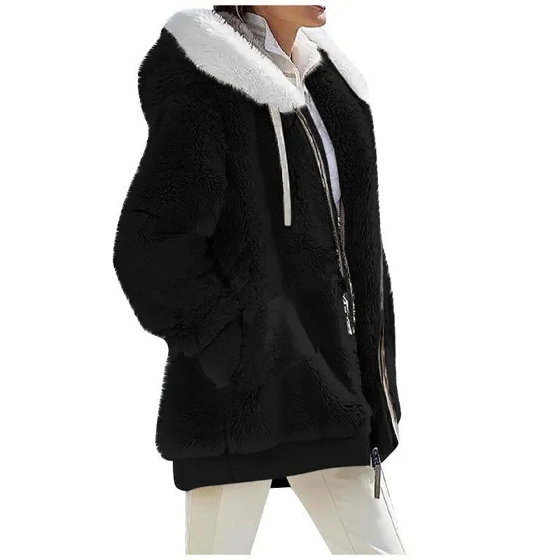 Autumn Winter Fashion Women's Coat New Casual Hooded Zipper Lady Clothes Cashmere Female Fleece Jacket Solid Color Ladies Coats - Sellinashop