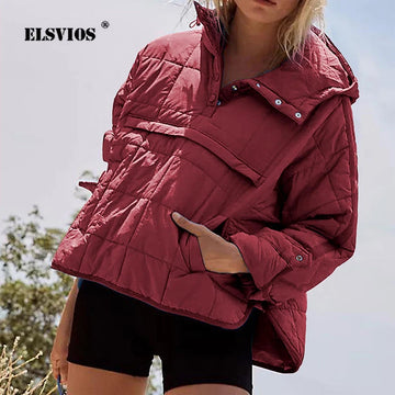 Solid Color Padded Jacket For Women. Long Sleeves Hooded Pullovers.
