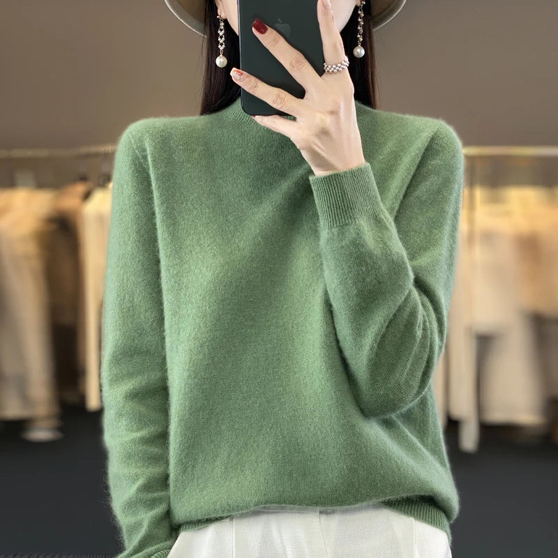 Wool Women's Cashmere Knitted Sweater Half High Collar Long Sleeve Pullover