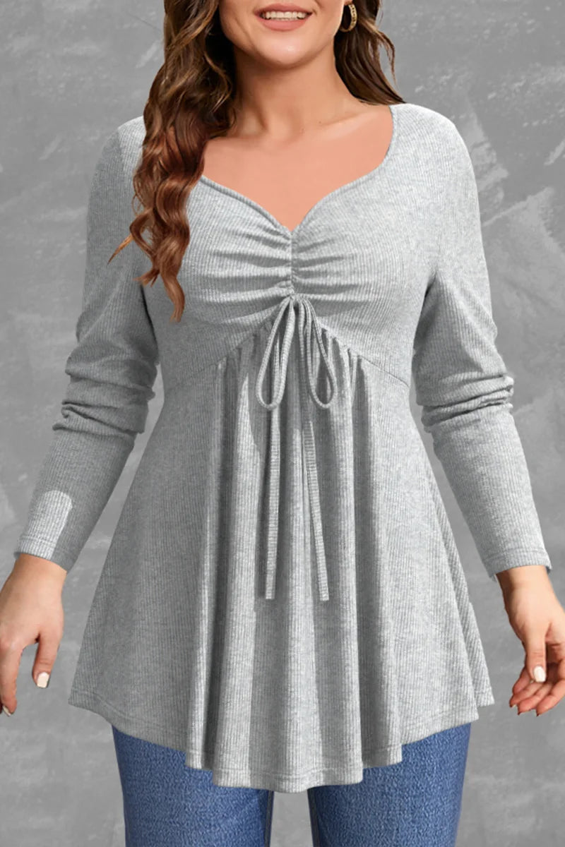 Plus Size Blouses Women Fashion Grey Rib Knit Drawstring V Neck Long Sleeve Office Work Ladies Shirts Casual Blouse Tops - Sellinashop