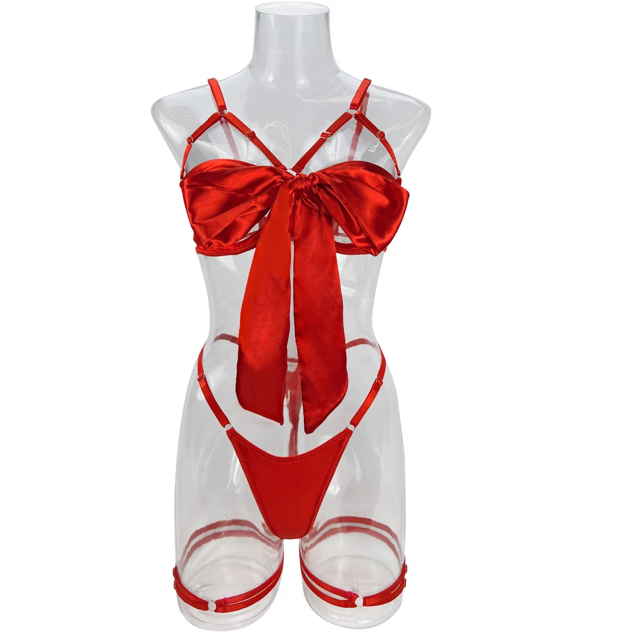 Cut Out Bow Lingerie Set 4 Colors Satin Cute Erotic Set Solid Brief Underwear Set Nightwear - Sellinashop