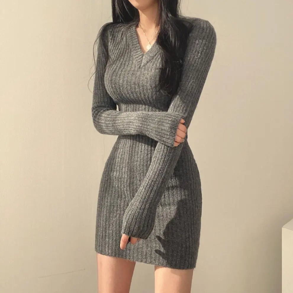 Women Retro Knitted Mini Bodycon Solid Dress