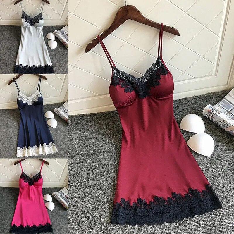 Women's Sexy Lingerie Summer Silk Night Gown Lace Patchwork Mini Night Dress Spaghetti Strap Sleepwear Ladies With Chest Pad - Sellinashop