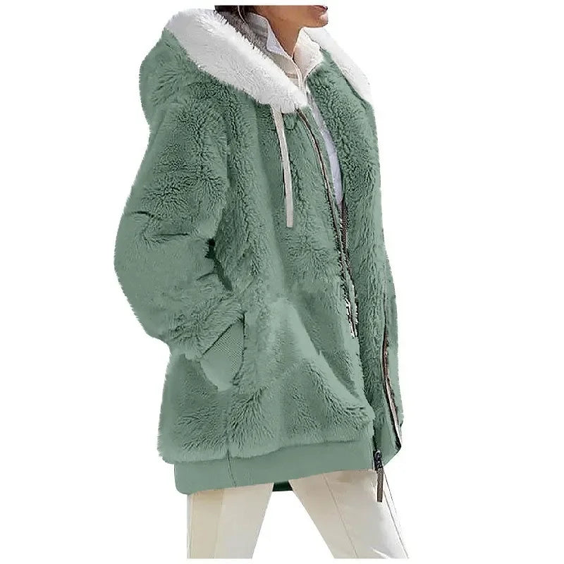Autumn Winter Fashion Women's Coat New Casual Hooded Zipper Lady Clothes Cashmere Female Fleece Jacket Solid Color Ladies Coats - Sellinashop