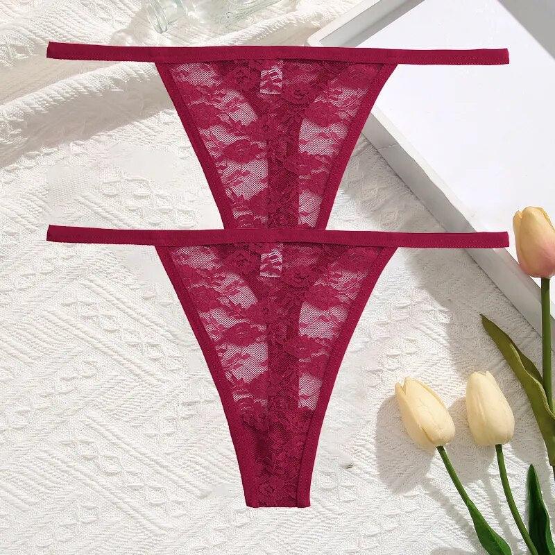 2Pcs/Set Sexy Women Lace Panties Low Waist G-String Underwear Solid Hollow Out Transparent Thong Female Soft Breathable Lingerie - Sellinashop