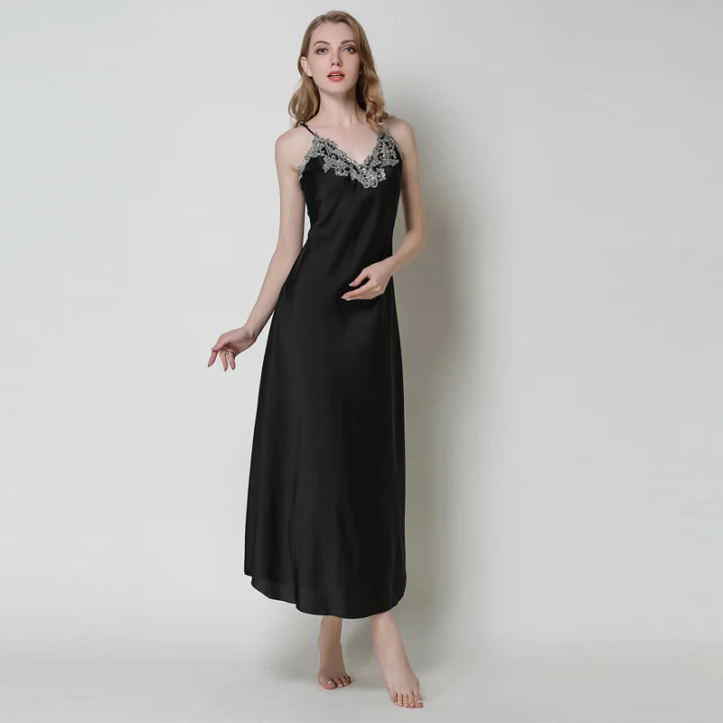 Women's Nightdress Lace Satin Nightgowns Sexy Lingerie Long Chemise Sleepwear - Sellinashop