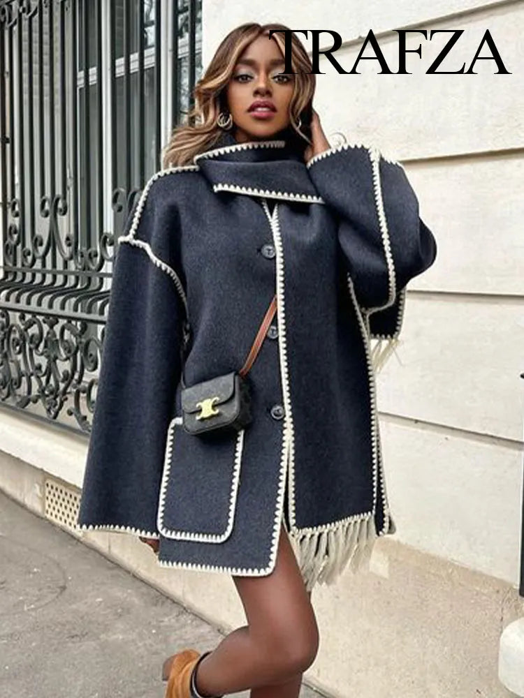 Autumn Fashion Woman Black Crochet Scarf Coat O Neck Long Sleeve Button Straight Casual Vintage Female Cozy Coats