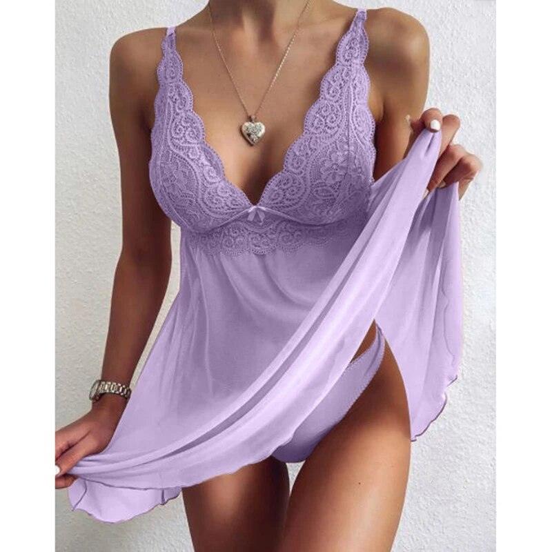 Plus Size Sexy Lingerie Women V Neck Bra Lace Suspenders Nightdress Thin Sexy Sleeveless Lingerie Backles - Sellinashop