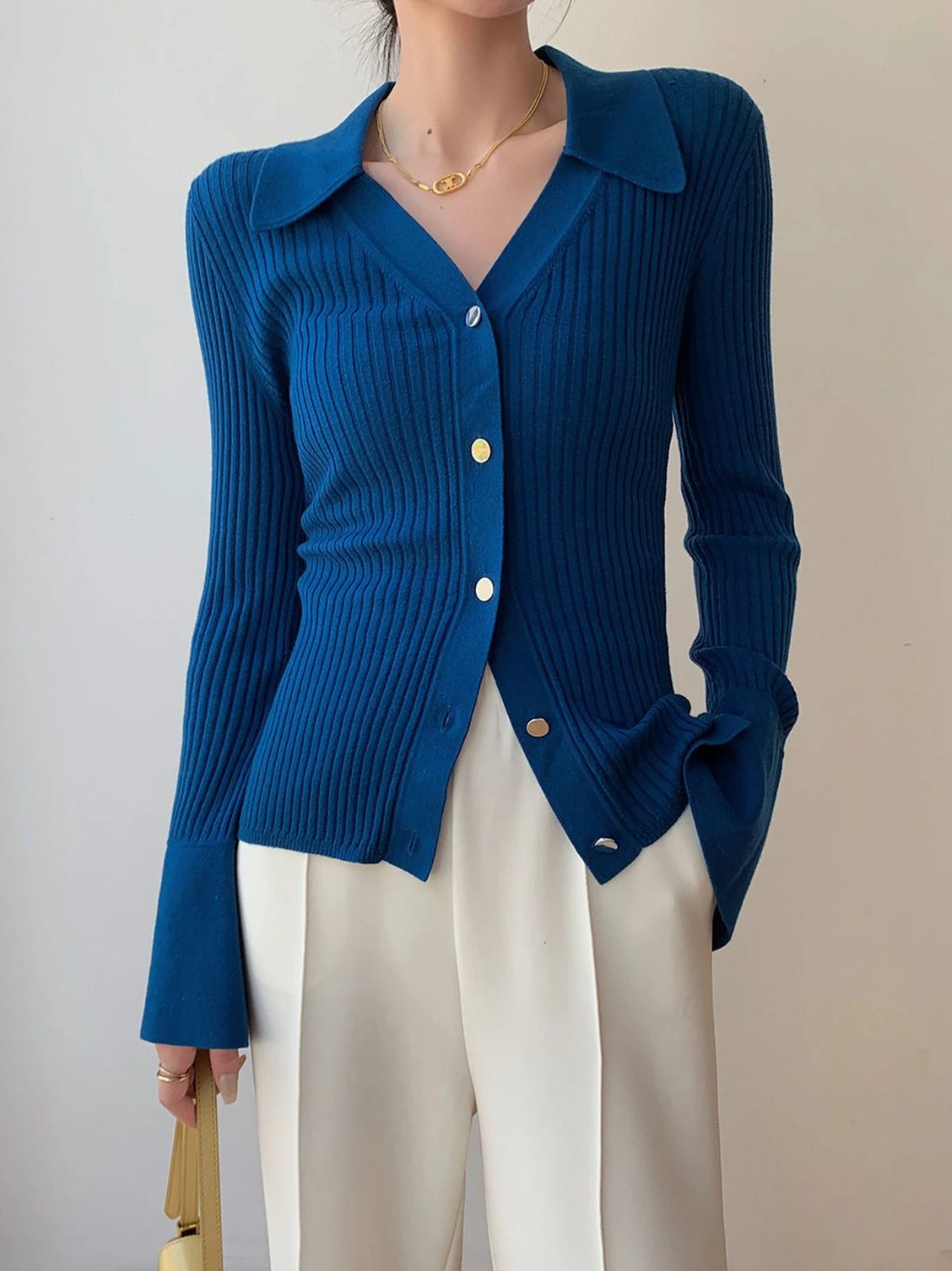 Vintage Luxury Knitted Cardigan Long Sleeve Tops Slim Sweater Polo Large Lapel Korean Fashion Coats High Quality Autumn Jacket