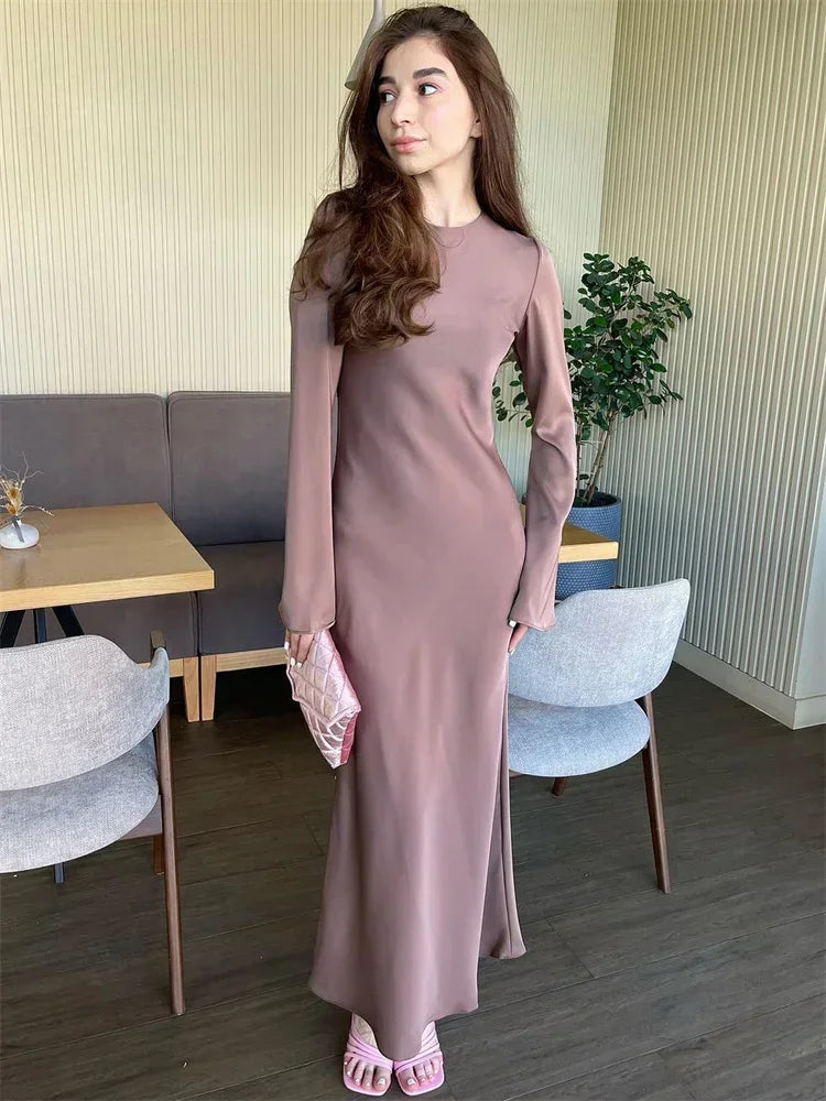 Satin Fashion Slim Maxi Dress For Women Long Sleeve