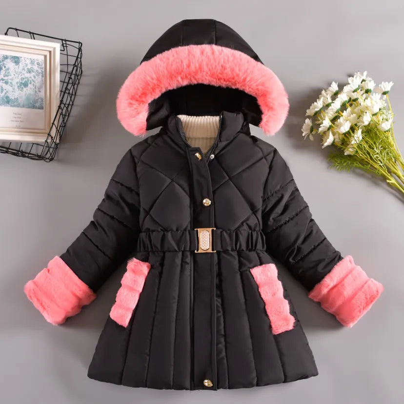 Warm Winter Girls Jacket Detachable Hat Plush Collar Hooded Padded Lining Coat For Kids Children - Sellinashop