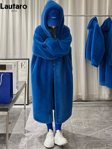 Coat Women with Hood Loose Casual . Winter Long Oversized Warm Thick Blue White Fluffy Faux Fur