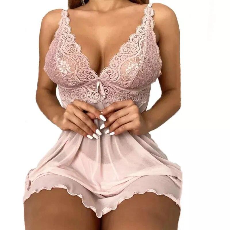 Plus Size Sexy Lingerie Women V Neck Bra Lace Suspenders Nightdress Thin Sexy Sleeveless Lingerie Backles - Sellinashop