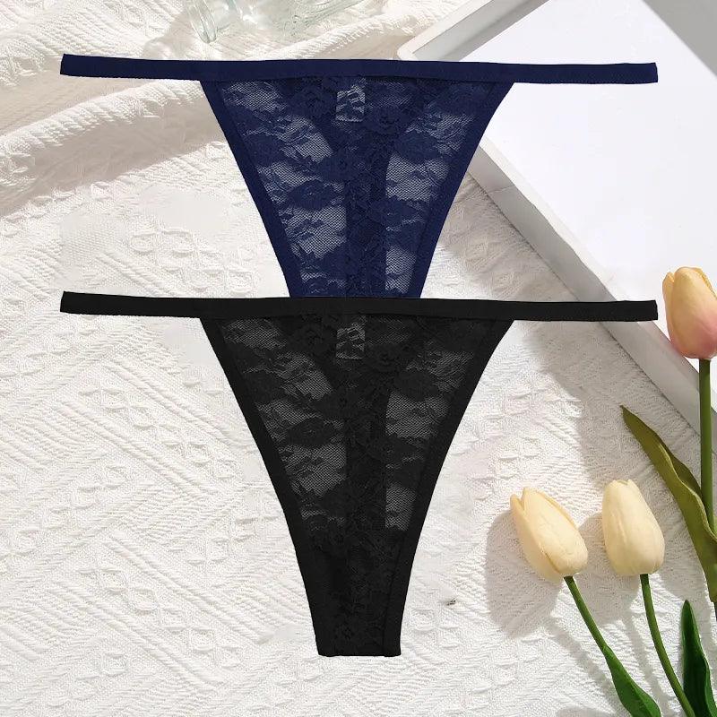 2Pcs/Set Sexy Women Lace Panties Low Waist G-String Underwear Solid Hollow Out Transparent Thong Female Soft Breathable Lingerie - Sellinashop