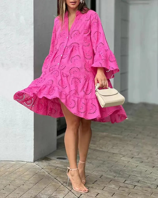 Summer Women Hollow Out Dresses Elegant Vintage Solid Lace Dress
