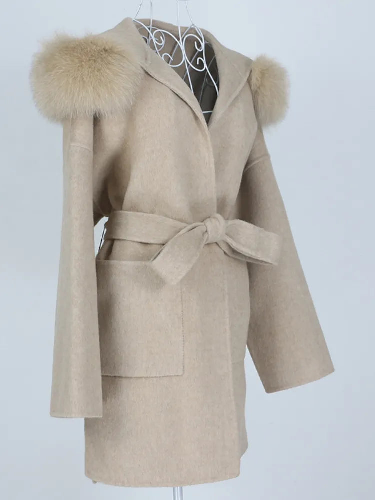 Real Fur Coat Winter Jacket for Women with Belt