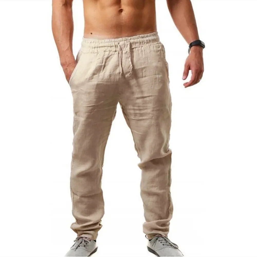 Men's Cotton Linen Long Pants Summer Solid Color Breathable Linen Trousers Male Casual Elastic Waist Casual Pants - Sellinashop