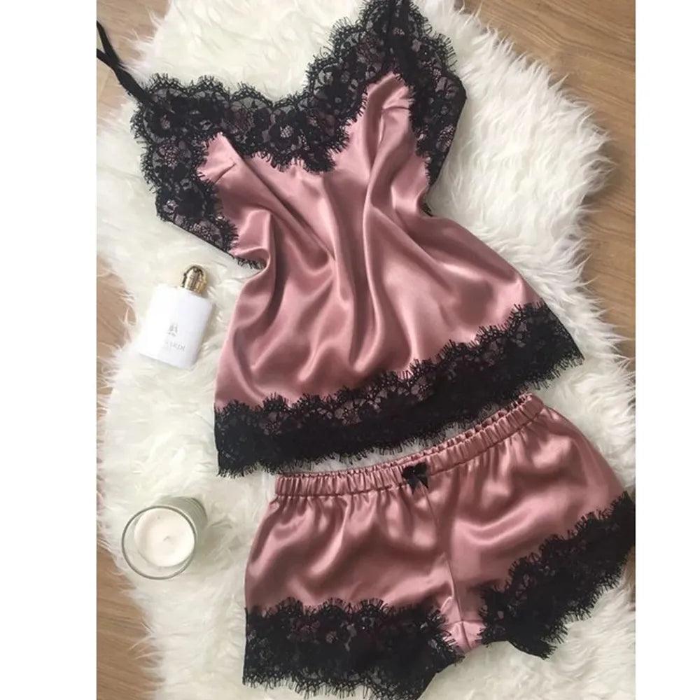 Women Pajama Suit Fashion V-Neck Stretch Satin Babydoll Lace Sexy Lingerie Bowknot Pyjamas Sleep Shorts Set Sleepwear New - Sellinashop